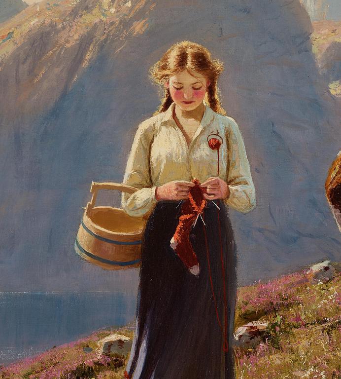 Hans Dahl, Young woman in a fjord landscape.