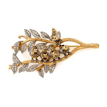 496. A W.A. Bolin brooch in 18K gold with enamel details and rose-cut diamonds.