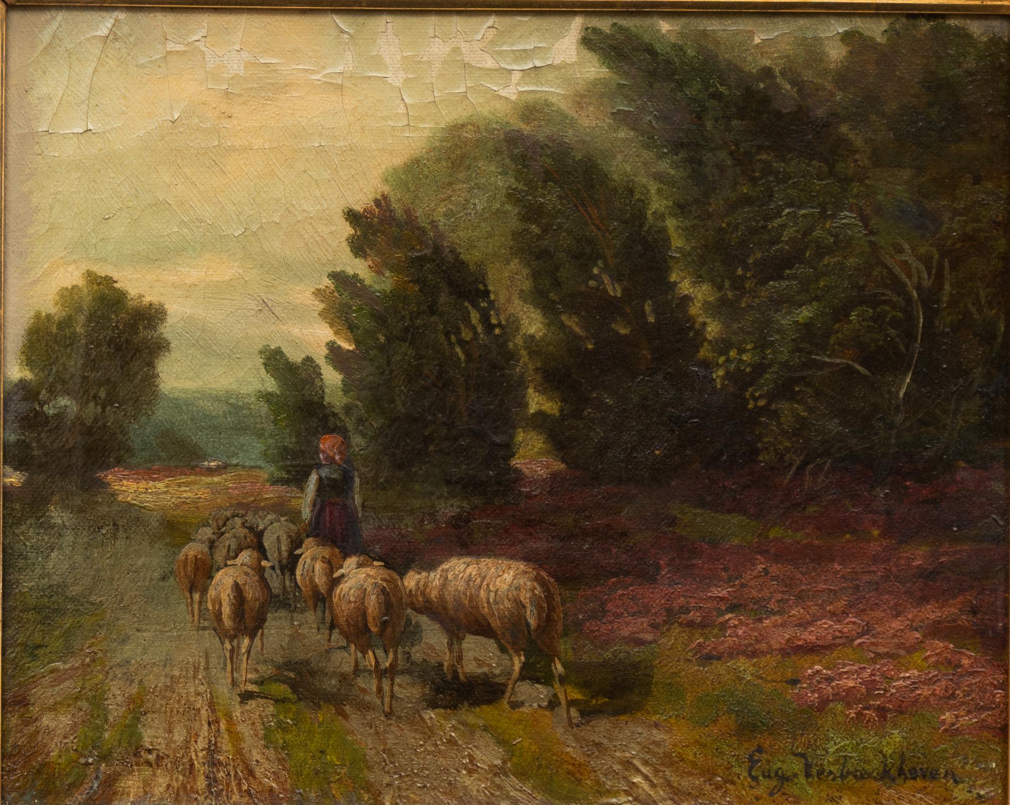 Eugen Joseph Verboeckhoven, hans art, Pastorala landskap med herdinna och får, ett par.