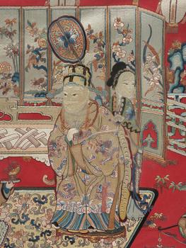 A red panel embroidered with silk, Qing dynasty, 19th century.