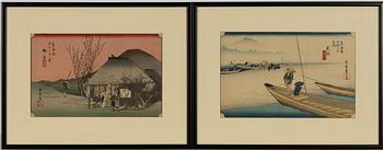 Ando Utagawa Hiroshige, efter, två träsnitt ur serien  "The Fifty-three Stations of the Tōkaidō", 1900-tal.