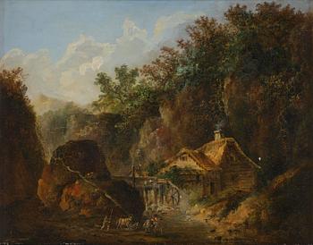 578B. Louis Belanger, Bergslandskap med figurer vid vattenkvarn.