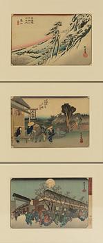 Ando Utagawa Hiroshige, efter, tre träsnitt ur två serier, 1900-tal.