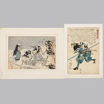 Utagawa Kuniyoshi och Utagawa Toyokuni, "Senzaki Yagoro Noriyasu" respektive "The killing of Moronao".