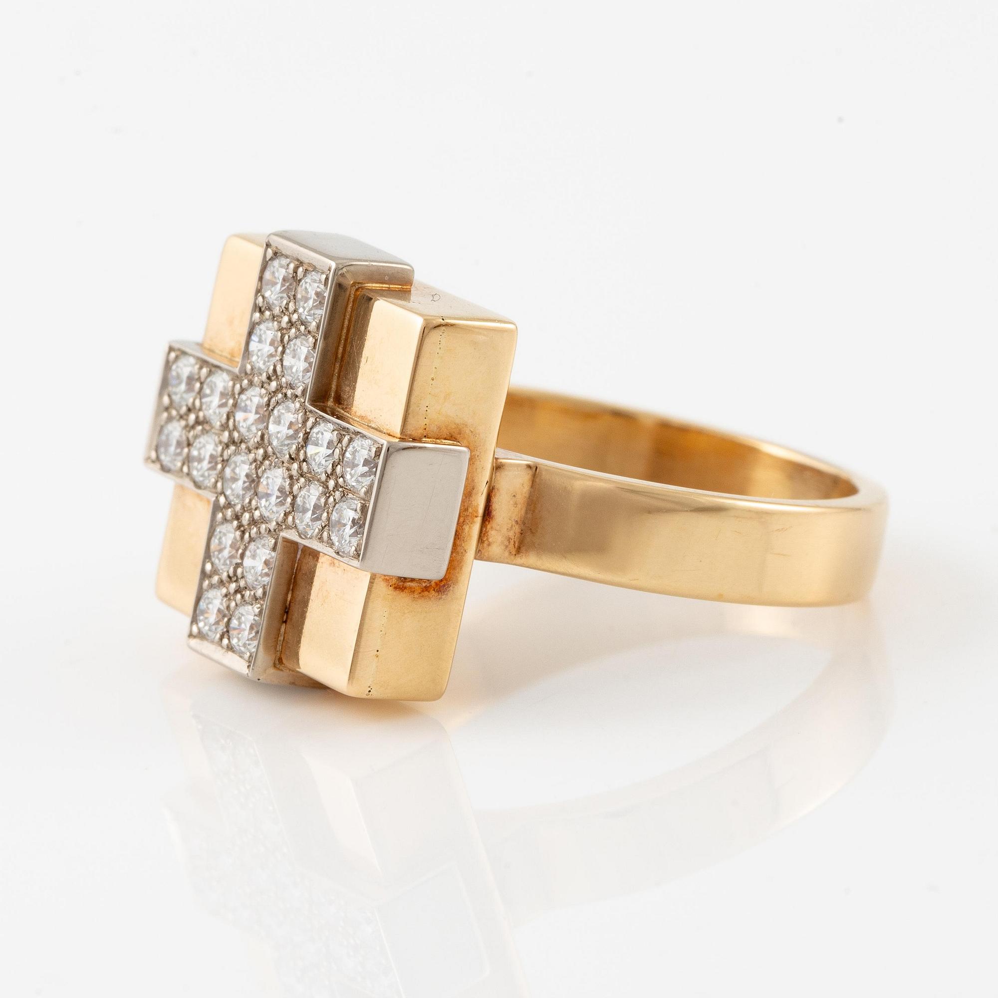 Gunnar Cyrén, ring, 18K guld- samt vitguld med 20 stycken briljantslipade diamanter, unik, Gävle 1998.