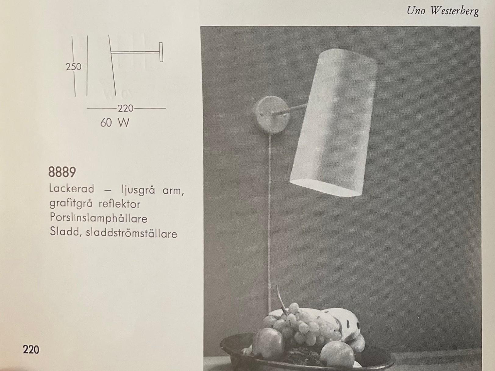 Uno Westerberg, vägglampor, ett par, modell "8889", Arvid Böhlmarks Lampfabrik, Stockholm, 1960-tal.