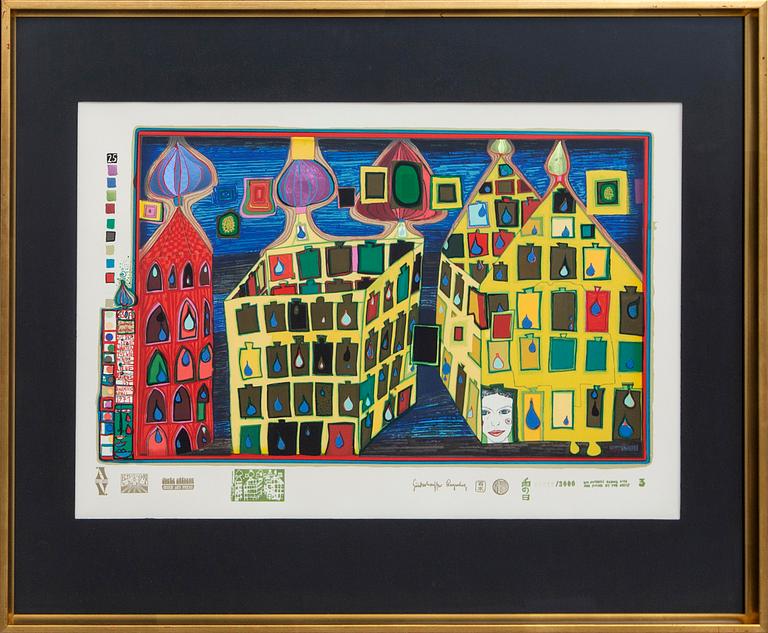 Friedensreich Hundertwasser, färgserigrafi med metallprägling, numrerad 1649/3000.