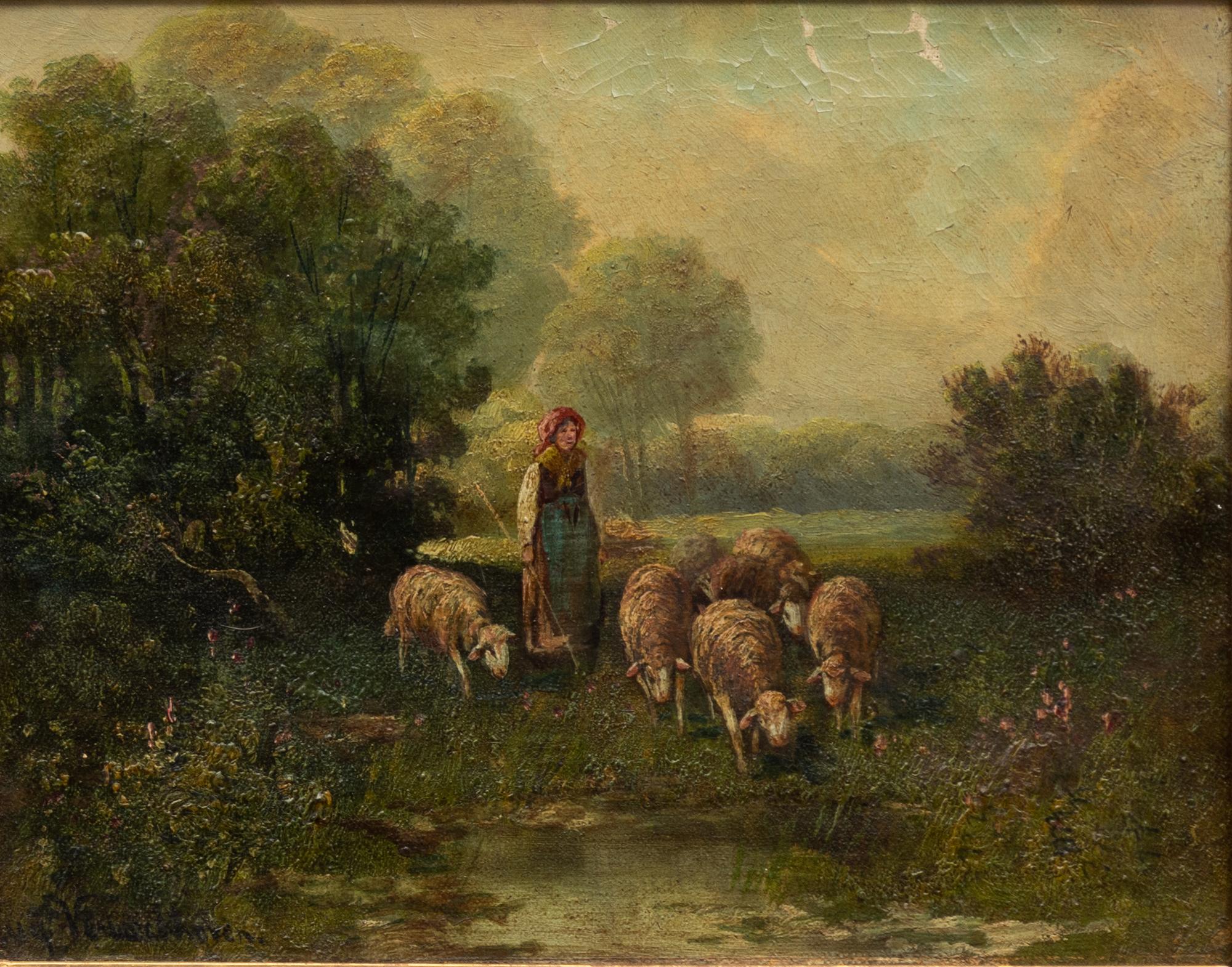 Eugen Joseph Verboeckhoven, hans art, Pastorala landskap med herdinna och får, ett par.