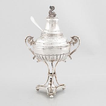 A Swedish Empire silver sugar bowl with sugar spoon, mark of Carl Lindström, Borås 1842.